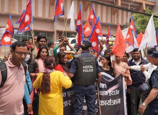 भन्सार बिभागमा आम जनता पार्टीको धर्नामा प्रहरी हस्तक्षेप, दर्जनौं हिरासतमा