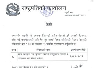 राष्ट्रपति पौडेलद्वारा खाद्य स्वच्छता तथा गुणस्तर प्रमाणीकरण