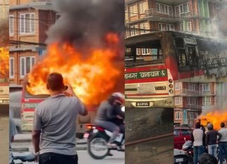 ललितपुरको सातदोबाटोमा गुडिरहेको बसमा आगलागी