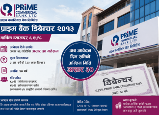प्राइम कमर्सियल बैंकको ३ अर्ब रुपैयाँको डिबेञ्चरमा आवेदन अवधि असार ३० सम्म थप